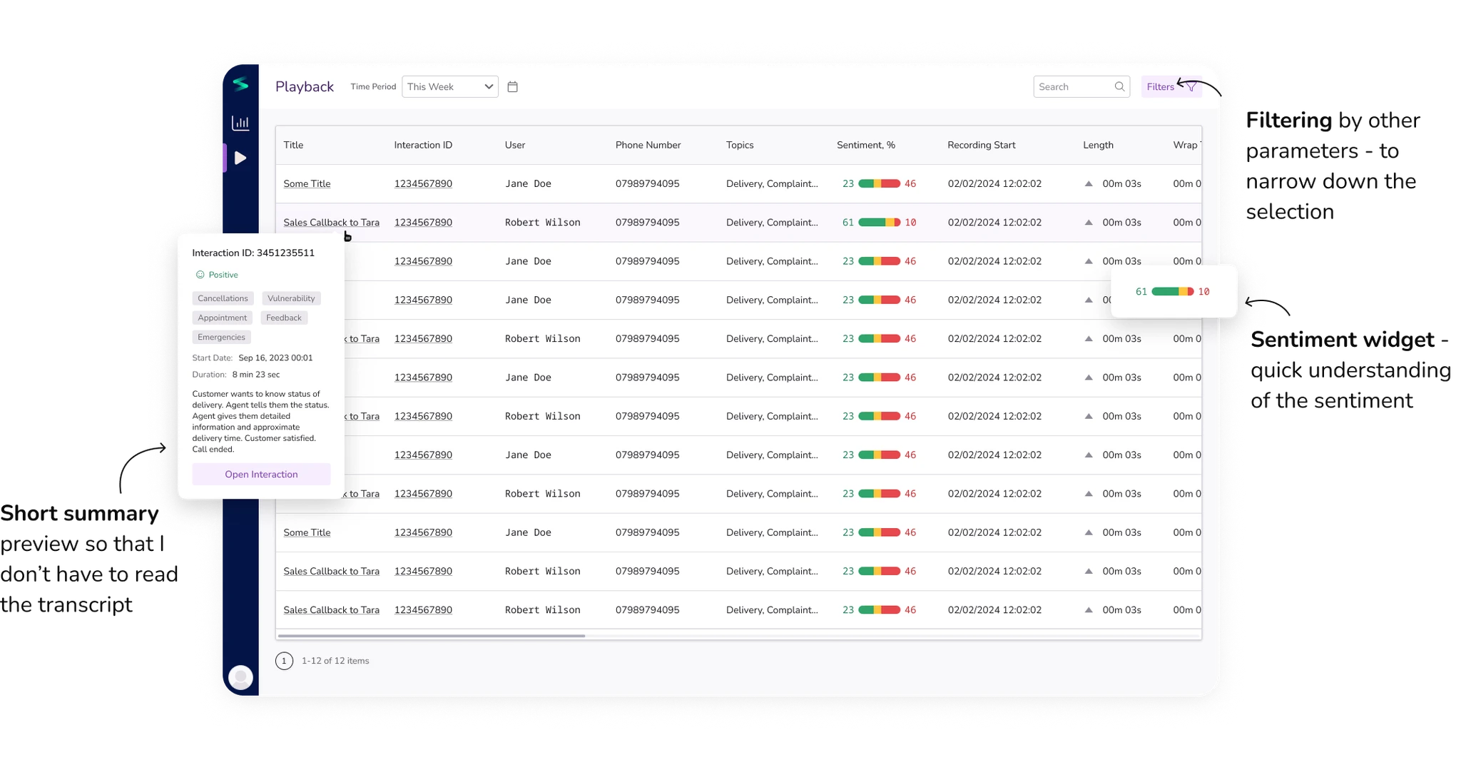 Playback page with a table of interaction recordings