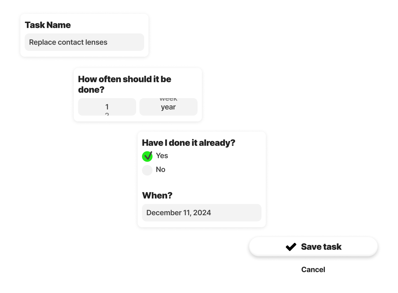 Fragments of user interface of creating a task called Deed.